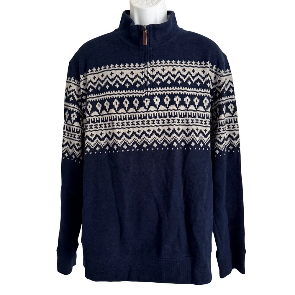 Lands End Men's L Fair Isle Nordic Quarter Zip Sweater Navy 100% Cotton 42-44
